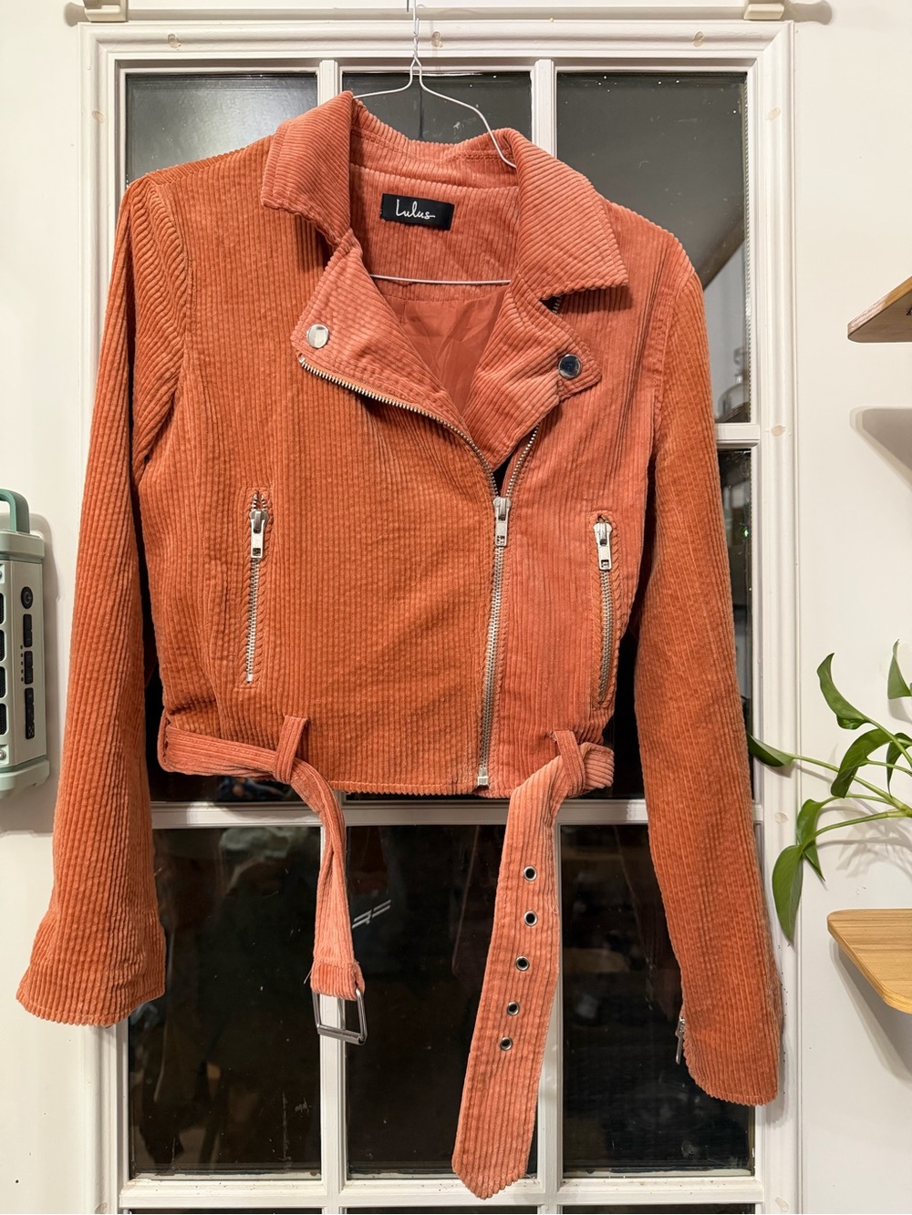 Lulu's Rust Corduroy Moto Jacket with Belted Waist